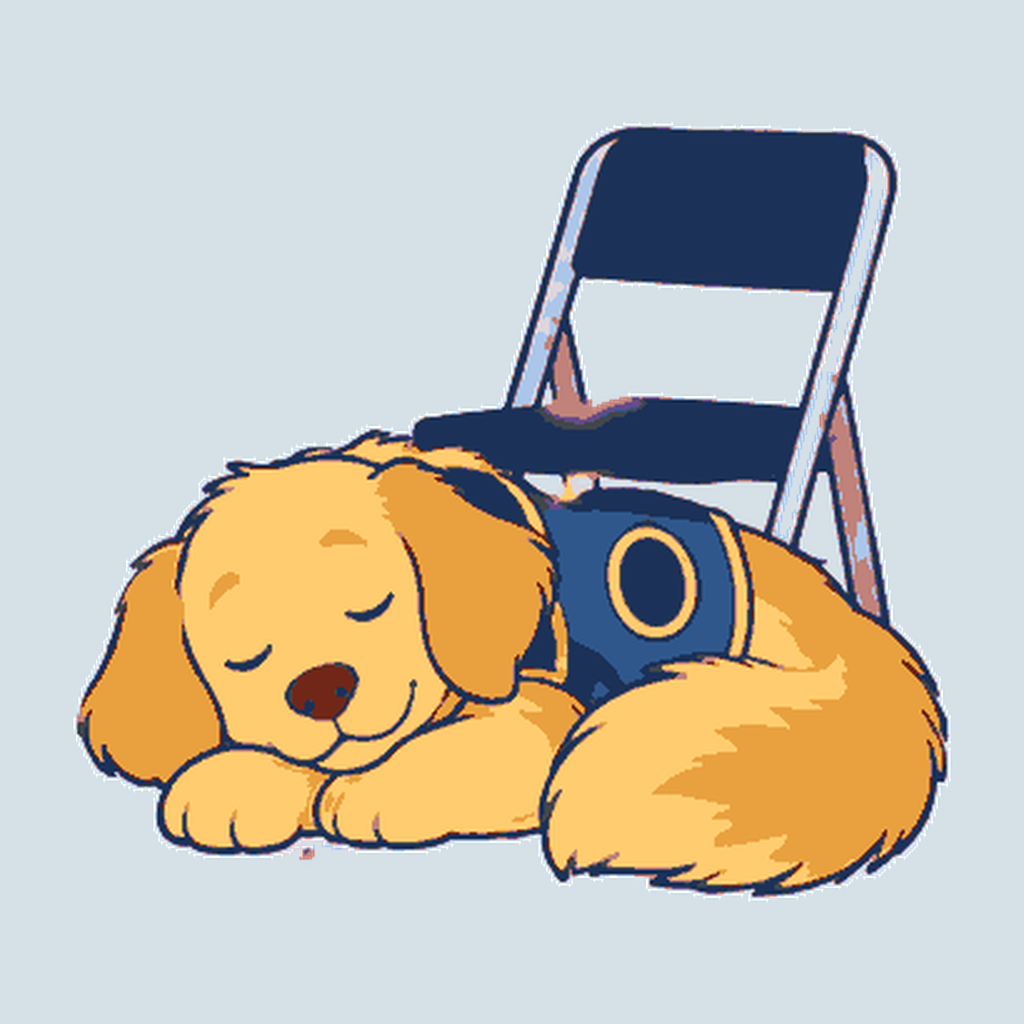 Barcy sleeping beside an open chair
